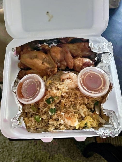 Wings With Shrimp Fried Rice.