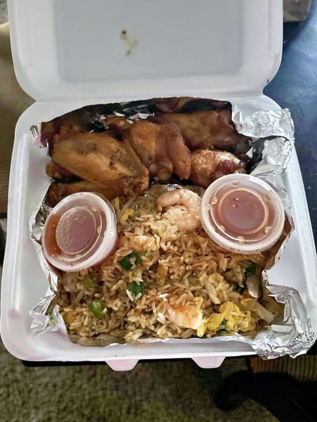 Wings With Shrimp Fried Rice.