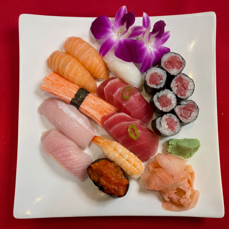 A white rectangular plate filled with various sushi and sashimi, garnished with purple orchids.